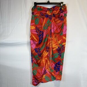 Skies Are Blue Tropical Floral Orange Red Midi Skirt‎ Size Large Beach Luau